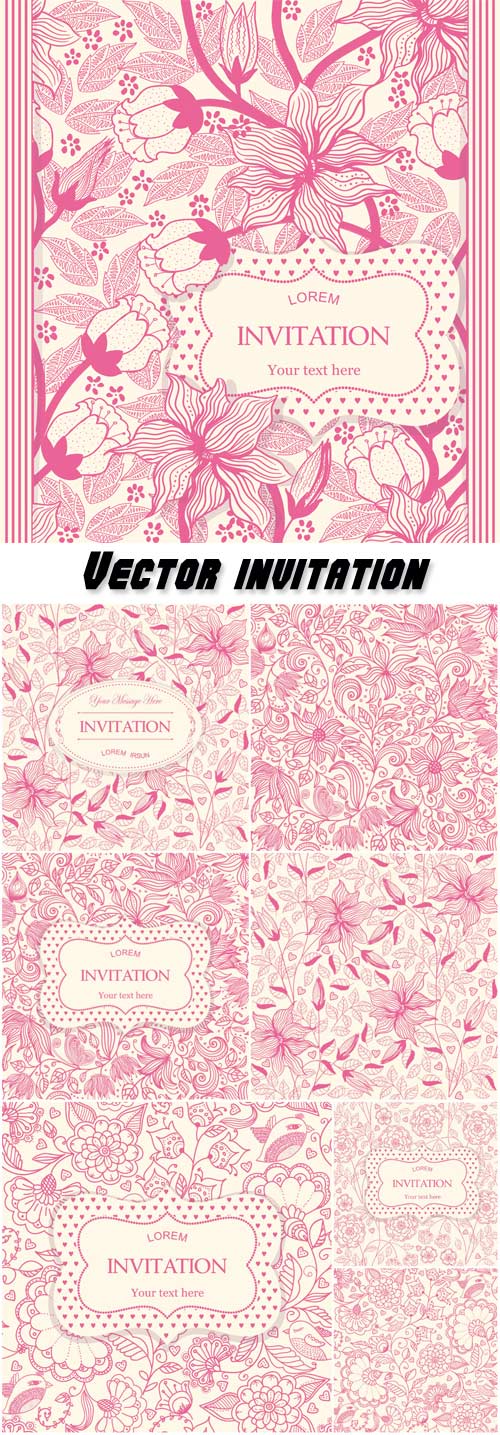 Vector invitation with flowers, floral patterns