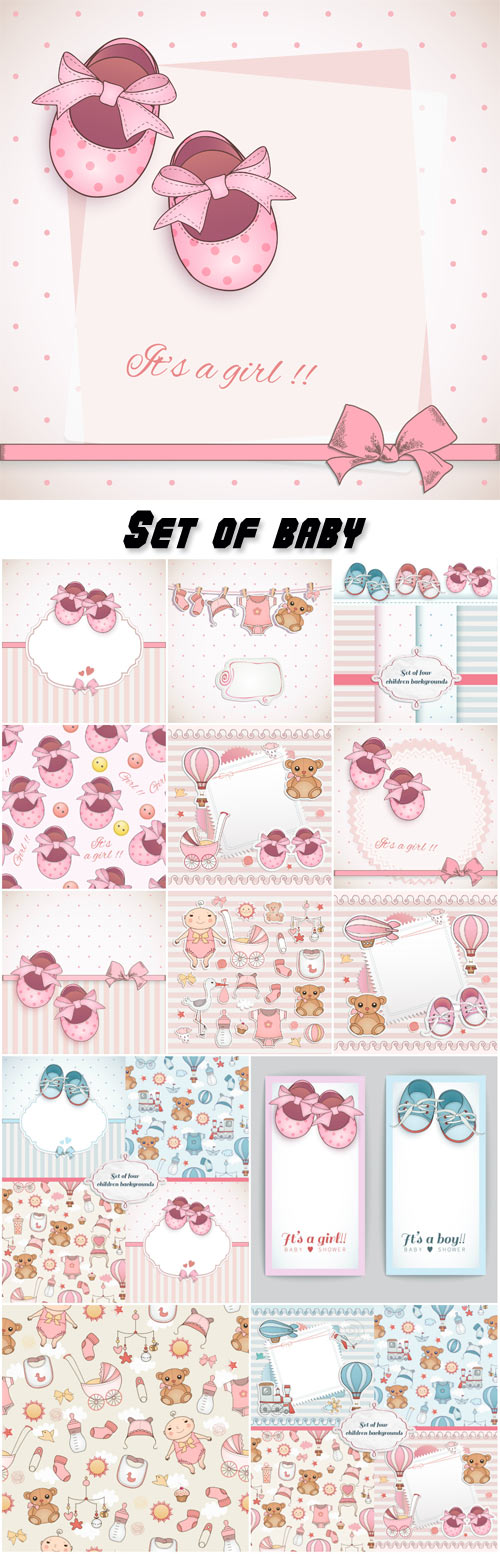 Set of baby booties and decorative backgrounds