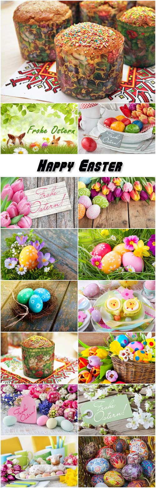 Happy Easter, flowers, easter eggs and easter cake
