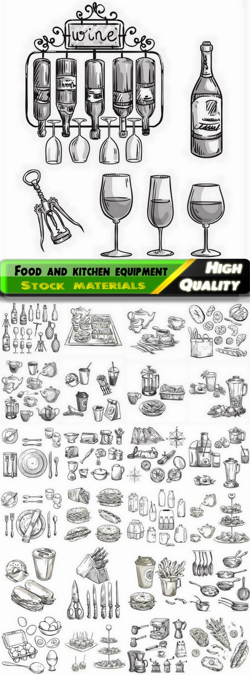 Hand drawn food and kitchen equipment - 25 Eps