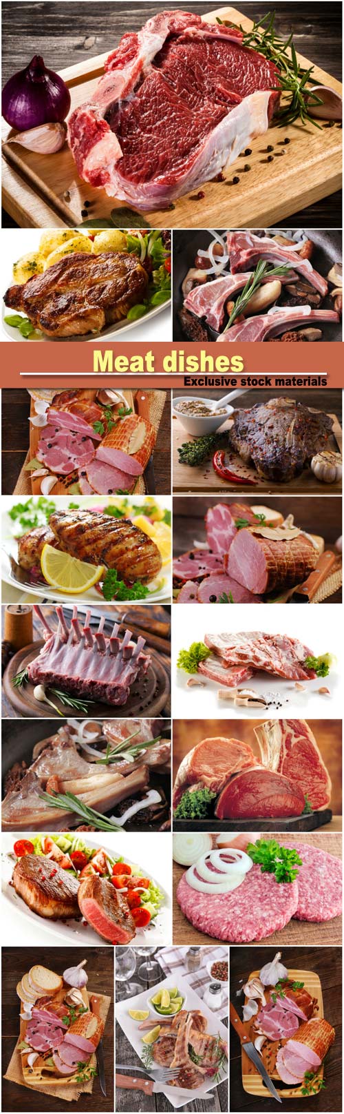 Meat dishes, lamb chops, smoked ham, lamb ribs with spices and herbs