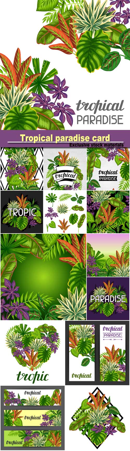 Tropical paradise card with stylized leaves and flowers