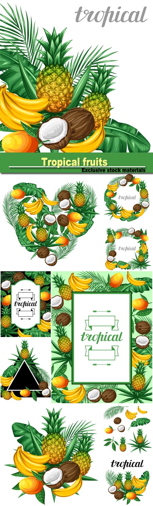 Background with tropical fruits and leaves