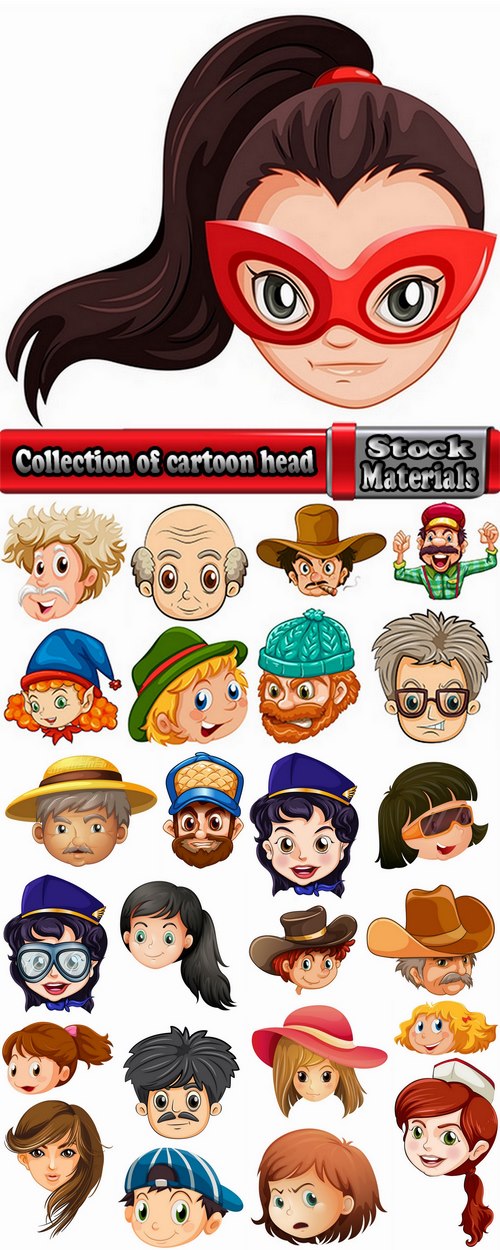 Collection of cartoon girl head man boy teenager emotions on her face 25 EPS