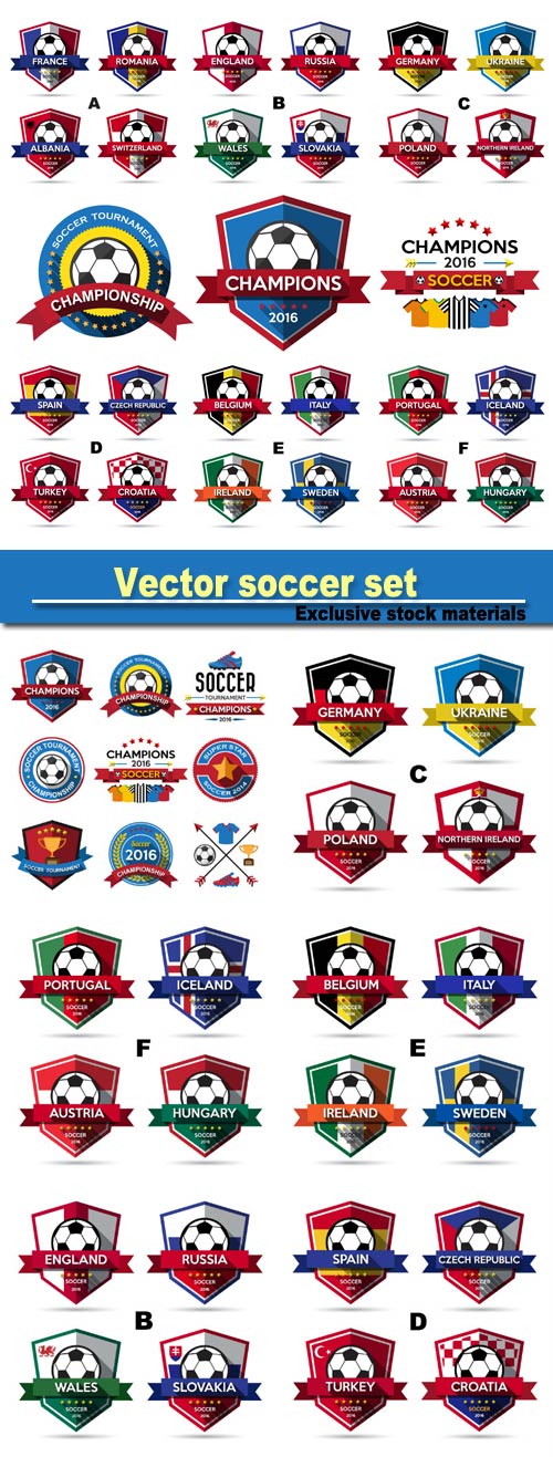 Vector soccer set, labels, logos