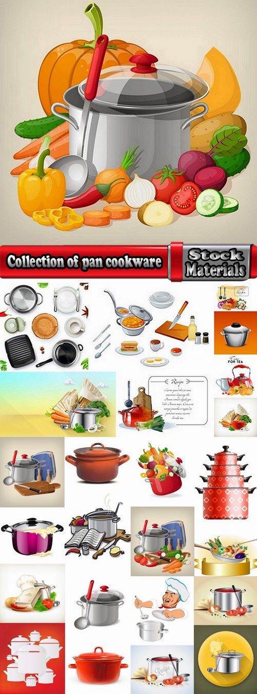 Collection of pan cookware with food 25 EPS