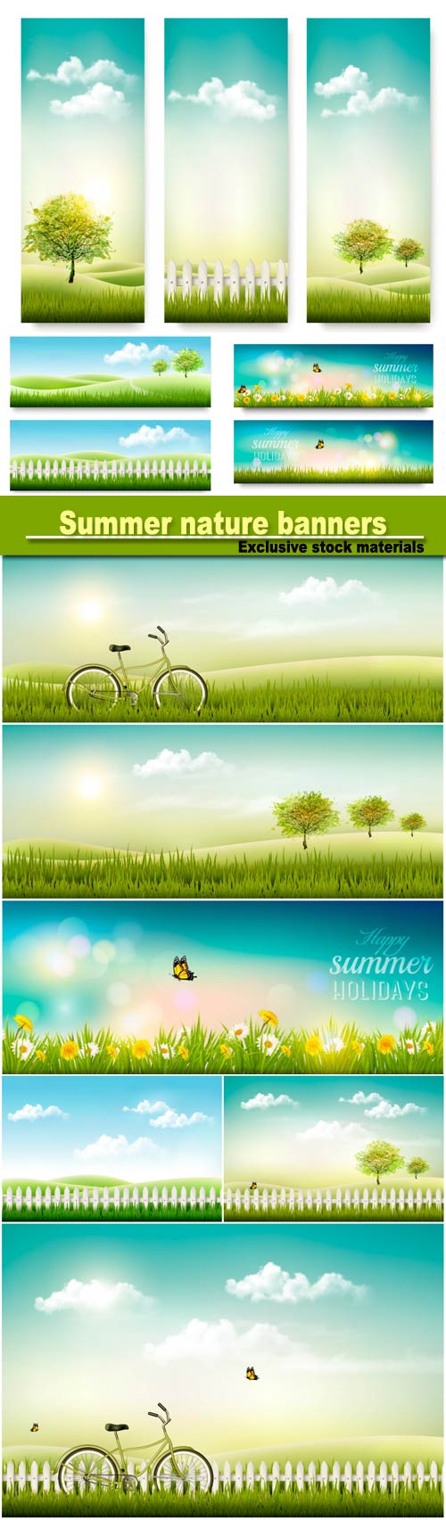Summer nature banners with green trees and sun