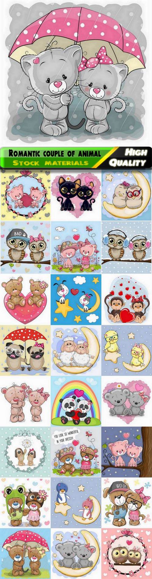 Cartoon animal romantic couple in love for valentines day card - 25 Eps