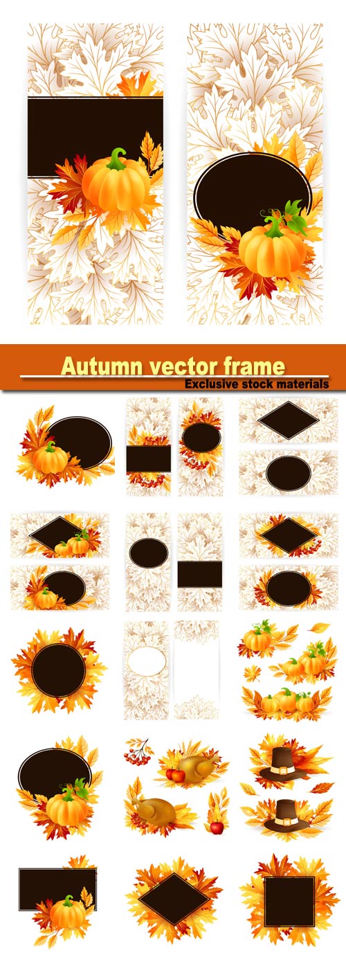 Autumn vector frame with leaves and mountain ash, pumpkin