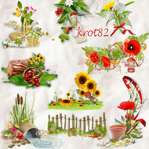 Летние кластеры с цветами, зеленой травой и ягодой 