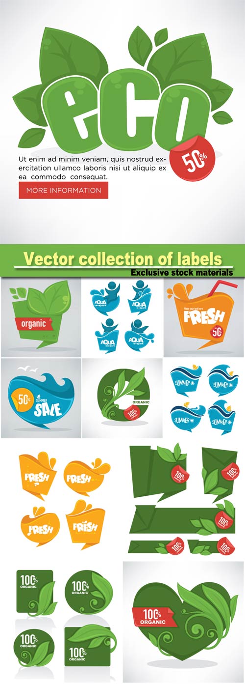 Fresh, organic and green, vector collection of labels, stickers and banner template design