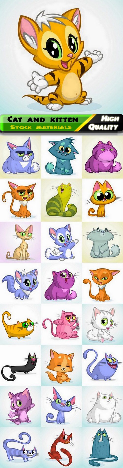 Cute illustration of cartoon cat and kitten of various breeds - 25 Eps