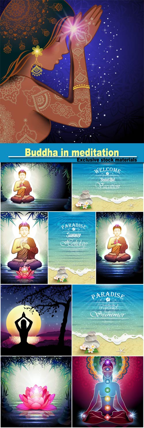 Buddha in meditation with lotus flower, beautiful woman