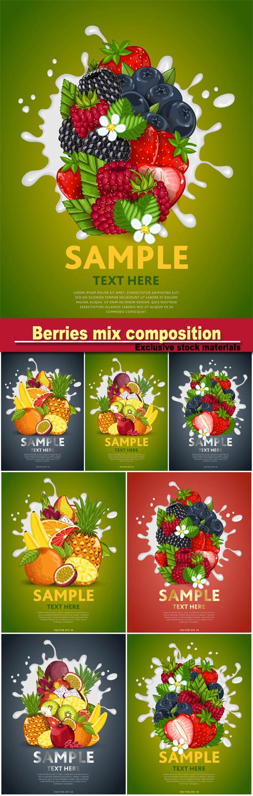 Berries mix composition in milk splash vector illustration