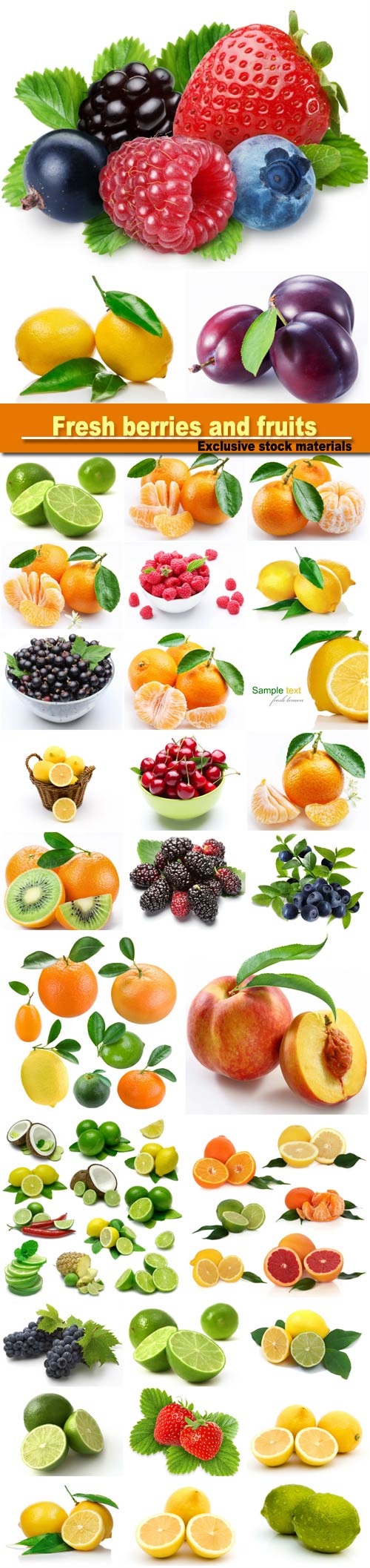 Fresh berries and fruits: orange, lemon, strawberry, watermelon, raspberry, plum