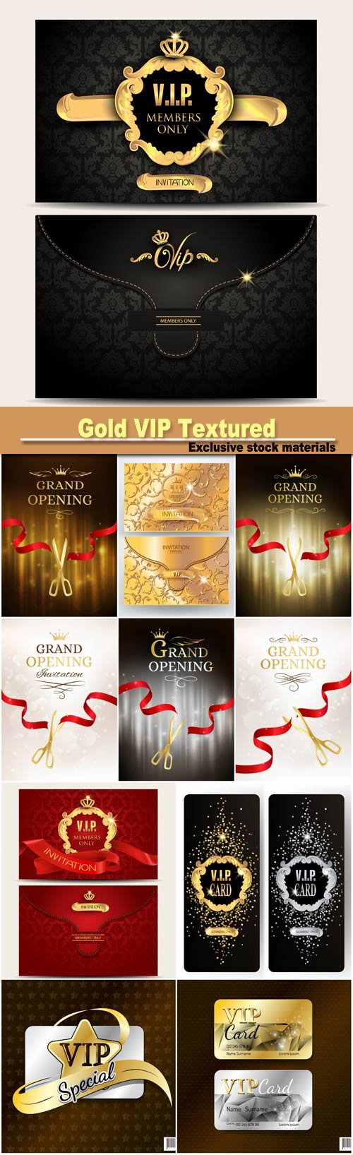 Gold VIP textured envelope with floral background and gold vintage frame, grand opening banner