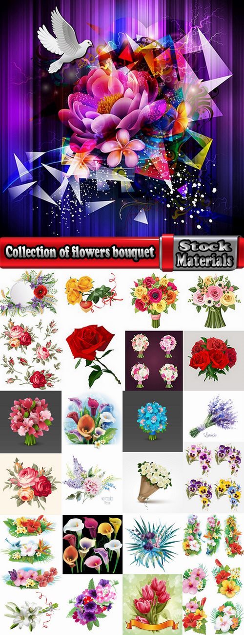 Collection of flowers bouquet of roses painted tulip vase Orchid Carnation 25 EPS