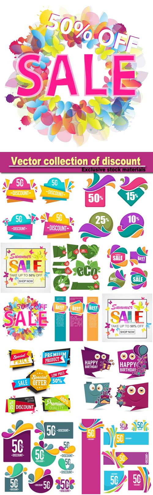 Vector collection of discount and sale bubbles, tags, banners and stickers