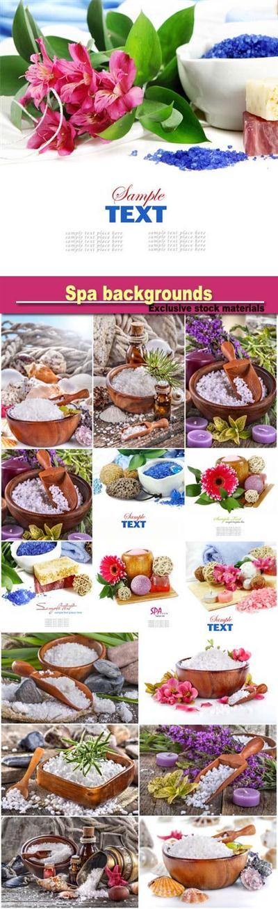 Spa backgrounds, salt bath in wooden spoon with flowers and leaves in background