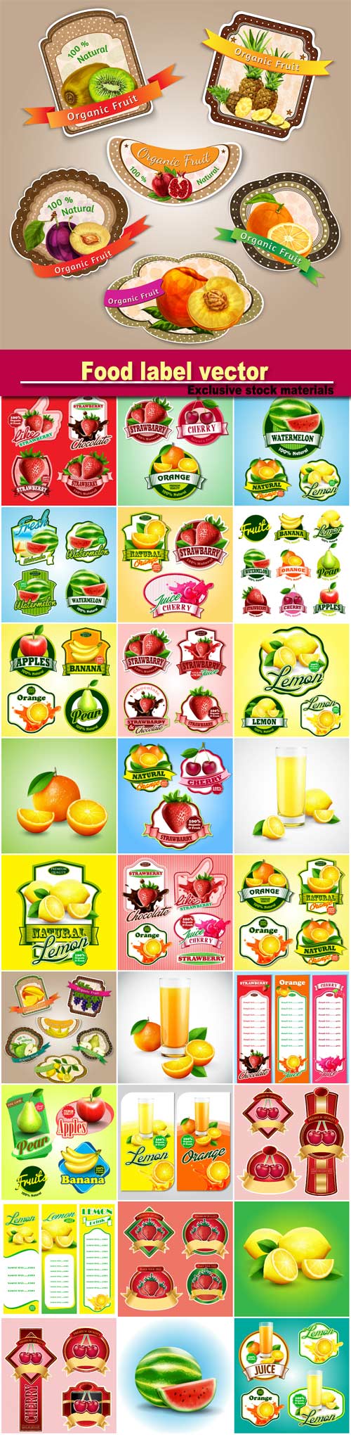 Labels vector, fruits and berries, fresh juices